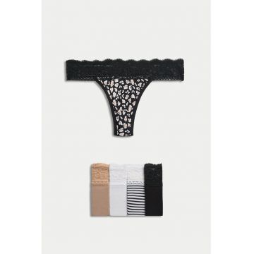 Set de chiloti tanga cu garnituri de dantela - 5 perechi - Alb/Negru