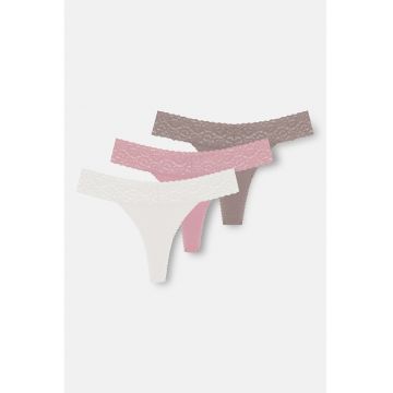 Set de chiloti tanga cu garnituri din dantela - 3 perechi - Bej/Alb optic/Roz prafuit