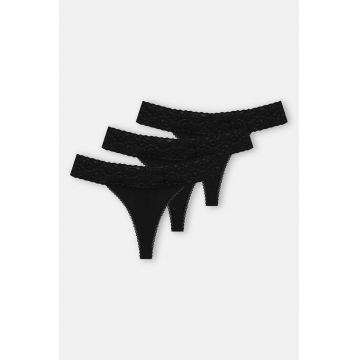 Set de chiloti tanga cu garnituri din dantela - 3 perechi - Negru