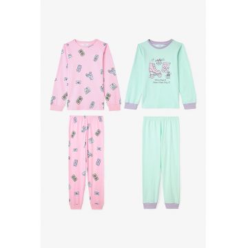 Set de pijama cu decolteu la baza gatului si imprimeu - 2 perechi - Roz/Verde menta