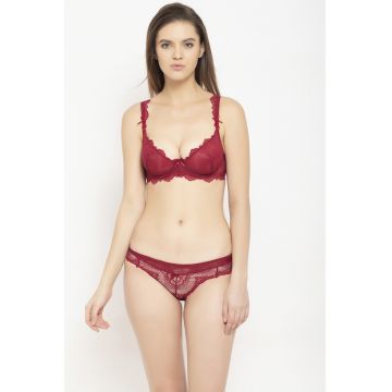 Set de sutien si chiloti cu insertii de dantela - 2 piese - Rosu inchis