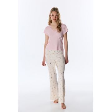 Tricou de pijama cu decolteu in V - Roz pastel/Bej deschis