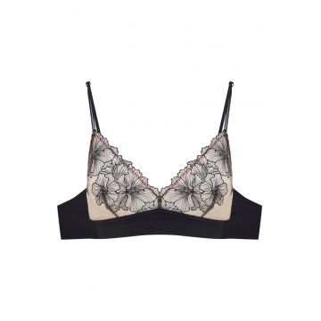 Sutien dama  triunghiular - cu broderie florala - fara sarma - poliamida - negru/crem -