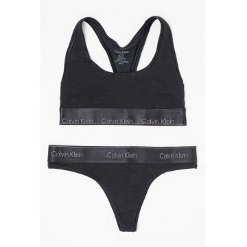 Sutien din amestec de bumbac si chiloti tanga cu banda logo - Negru