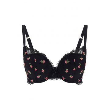 Sutien push-up cu broderii florale Vivian - Rosu/Negru