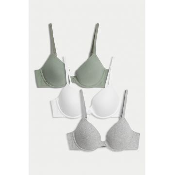 Set de sutiene cu decolteu adanc si sustinere metalica - 3 piese - Alb/Verde/Gri
