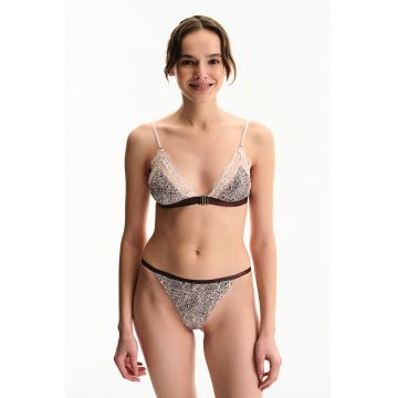 Sutien cu cupe triunghiulare si animal print - Maro inchis/Alb fildes