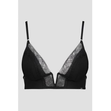 Sutien cu cupe triunghiulare si insertii din dantela - Negru