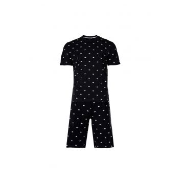 Pijama cu pantaloni scurti si imprimeu Minicroc - Alb/Negru