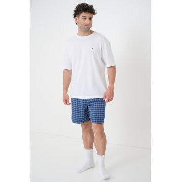 Pijama scurta cu buzunare laterale - Alb murdar/Albastru titan