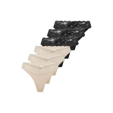 Set de chiloti tanga cu garnituri din dantela - 6 perechi - Negru/Bej