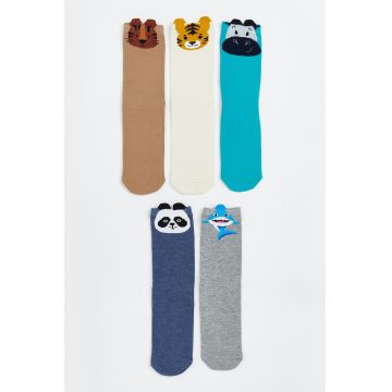 Set de sosete lungi cu detalii animale - 5 perechi - Maro/Albastru/Gri