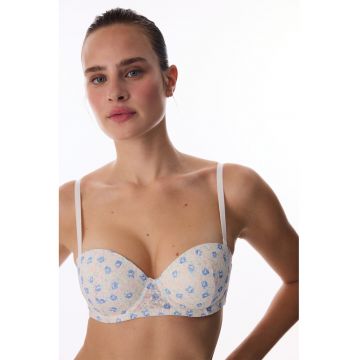 Sutien balconette cu bretele detasabile si mode floral - Alb/Roz deschis/Albastru royal
