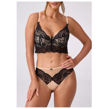 Sutien Capri - semi-intarit push-up tip longline din dantela - Negru/Bej