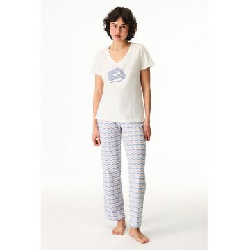 Pijama cu pantaloni lungi si decolteu in V - Ecru/Lila/Albastru