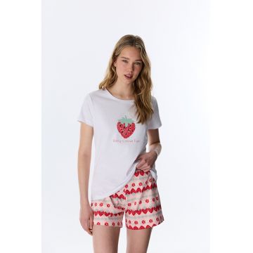 Pijama cu pantaloni scurti din bumbac si model capsune - Rosu/Alb/Nude rose