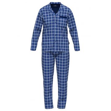 Pijama din bumbac cu model in carouri si revere decupate - Alb/Albastru