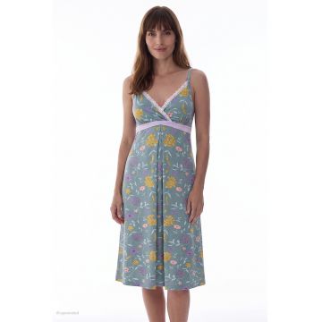 Rochie cu imprimeu si garnituri din dantela - Galben miere/Albastru teal