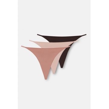 Set de 3 perechi de chiloti tanga din amestec de bumbac - Negru carbon/Nude rose/Roz prafuit