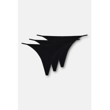 Set de 3 perechi de chiloti tanga din amestec de bumbac - Negru