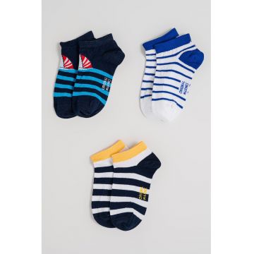 Set de 3 perechi de sosete scurte din amestec de bumbac cu dungi - Alb/Albastru ultramarin