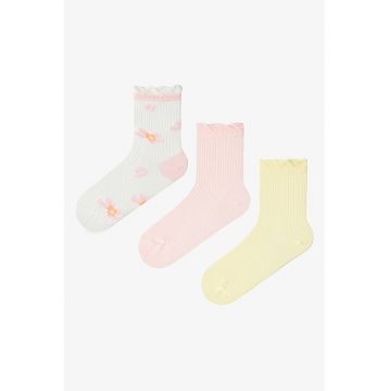 Set de 3 perechi de sosete striate cu terminatie valurita - Ecru/Galben pastel/Nude rose