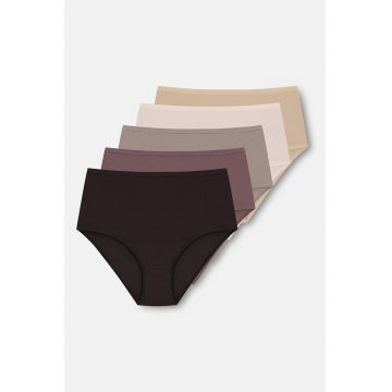 Set de 5 perechi de chiloti cu talie inalta - Negru/Maro taupe/Maro camel