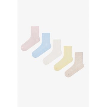 Set de 5 perechi de sosete scurte - Albastru pastel/Galben pastel/Alb murdar/Roz pal