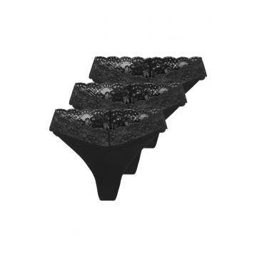Set de chiloti tanga cu garnituri din dantela Chloe - 3 perechi - Negru