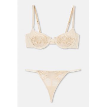 Set de sutien de dantela si chiloti tanga - 2 piese - Bej deschis