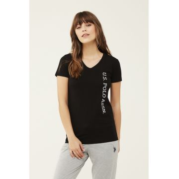 Tricou de casa cu decolteu in V si imprimeu logo - Negru